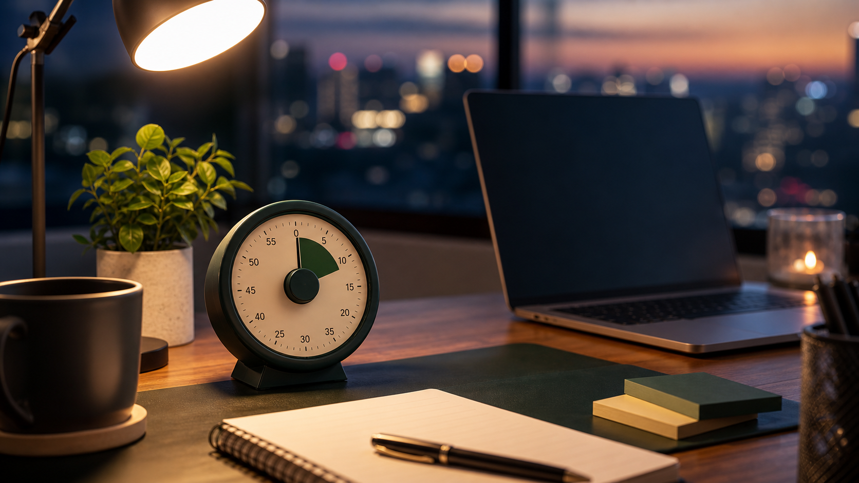 A calm workspace with an analog timer, laptop, notebook, and desk lamp
